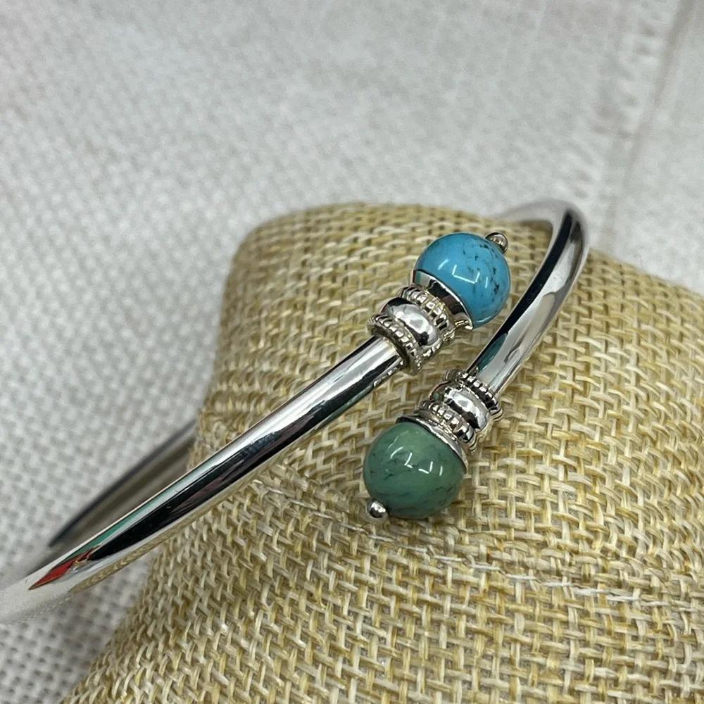 Vintage 925 Sterling Silver Front-Open Torque Bracelet - Turquoise - Picture 7 of 17
